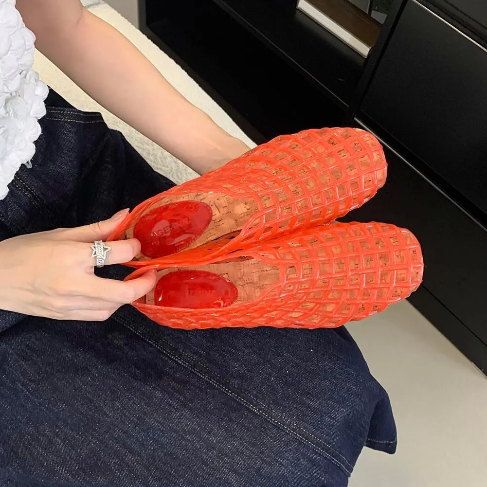 Jelly Mesh Ballet Flats for Women Jelly Shoes Women 2025 Newly Adult Clear Hollow Jelly Flat Sandals Lightweight Breathable Summer Beach Ballerina