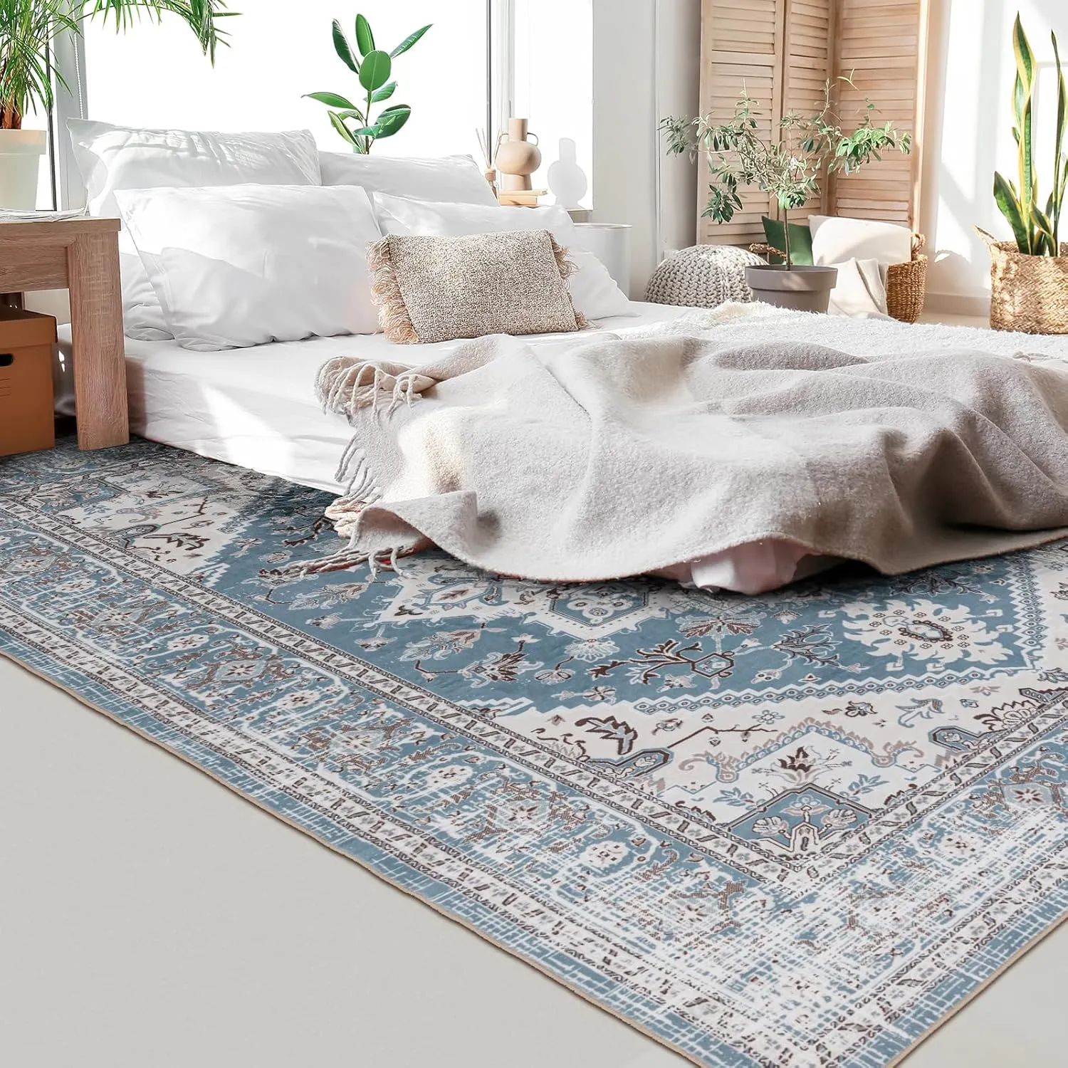 JML Machine Washable 5x7ft Area Rug,Foldable Vintage Living Room Area Rug,Low Pile Non-Slip Rug Retro Bohemian Style Rug for Bedroom Living Room Dining Room,Light Blue