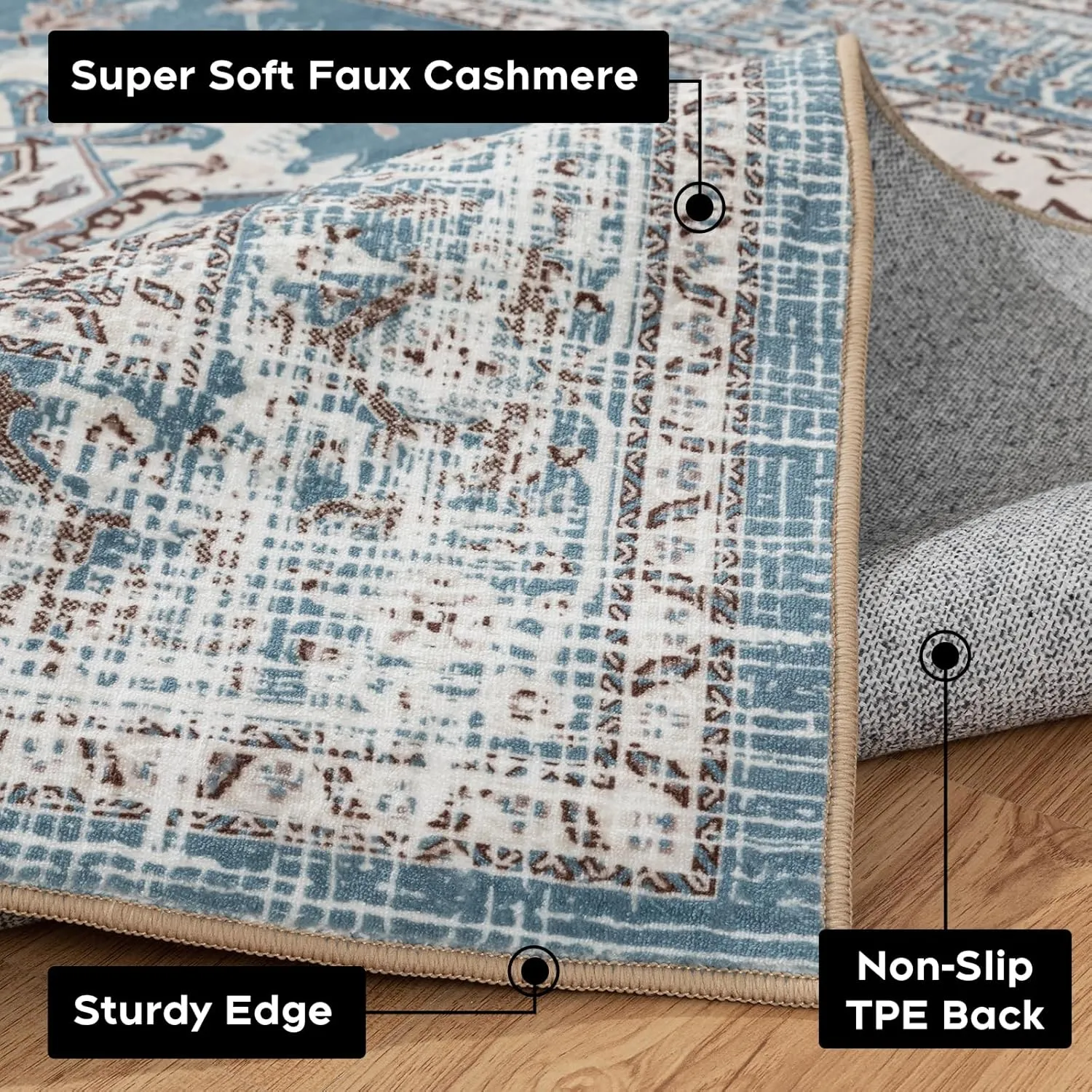 JML Machine Washable 5x7ft Area Rug,Foldable Vintage Living Room Area Rug,Low Pile Non-Slip Rug Retro Bohemian Style Rug for Bedroom Living Room Dining Room,Light Blue