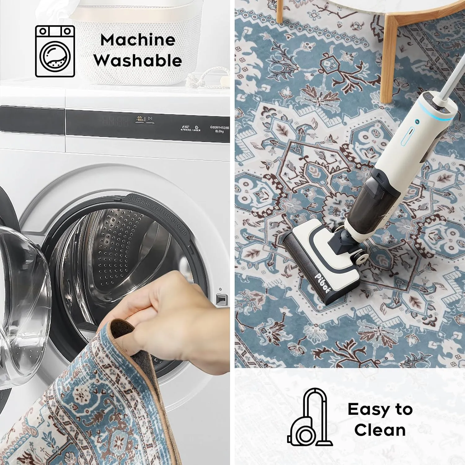 JML Machine Washable 5x7ft Area Rug,Foldable Vintage Living Room Area Rug,Low Pile Non-Slip Rug Retro Bohemian Style Rug for Bedroom Living Room Dining Room,Light Blue