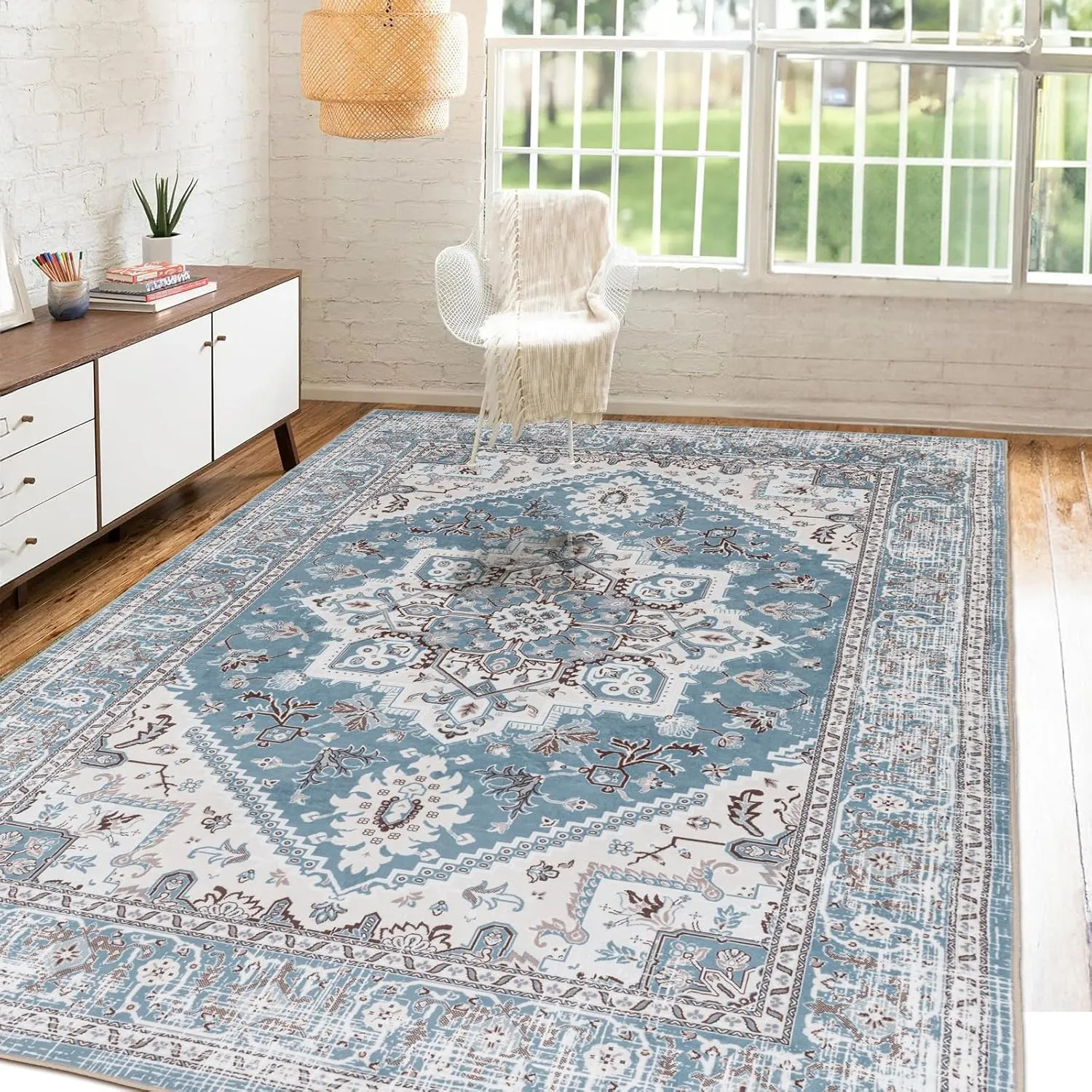 JML Machine Washable 5x7ft Area Rug,Foldable Vintage Living Room Area Rug,Low Pile Non-Slip Rug Retro Bohemian Style Rug for Bedroom Living Room Dining Room,Light Blue