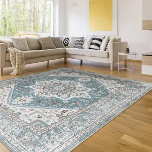 JML Machine Washable 5x7ft Area Rug,Foldable Vintage Living Room Area Rug,Low Pile Non-Slip Rug Retro Bohemian Style Rug for Bedroom Living Room Dining Room,Light Blue