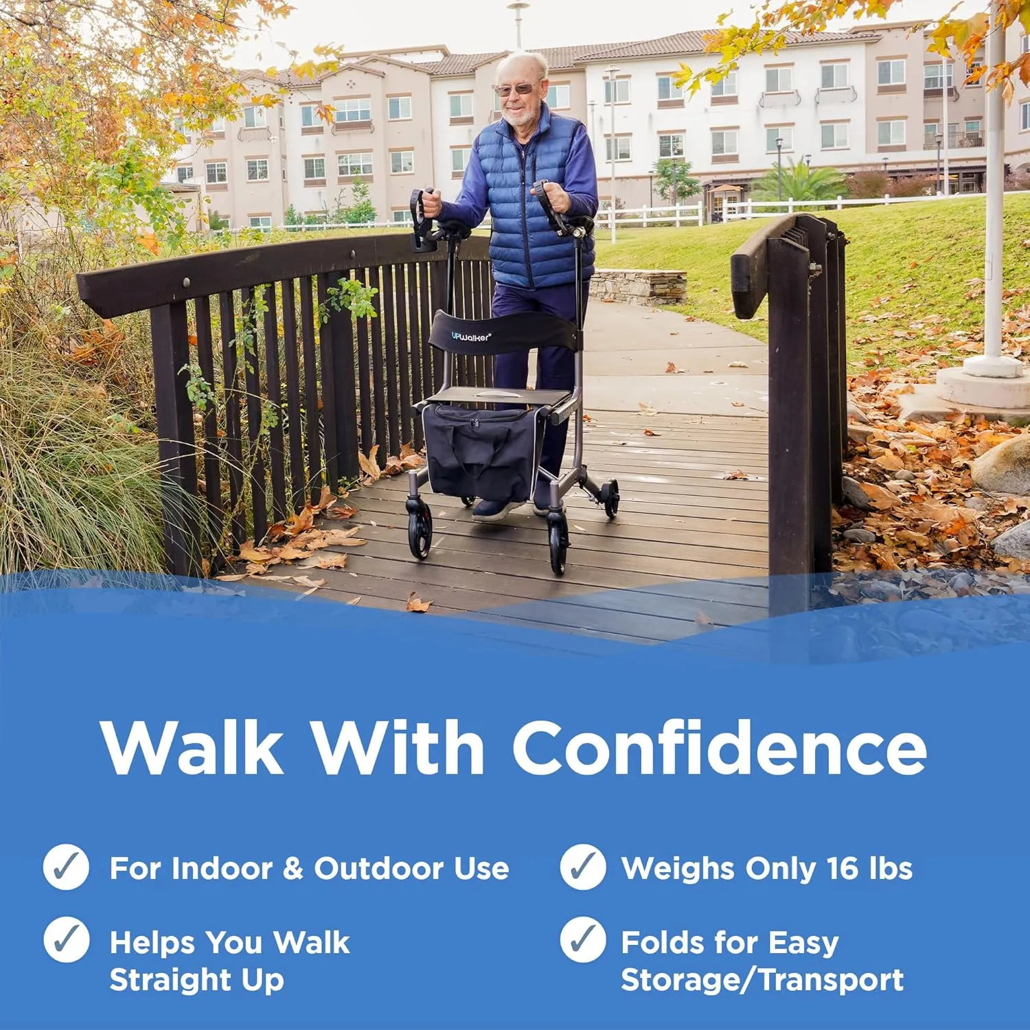 Journey UPWalker EZ Lite – The Original Upright Walker – Premium, Lightweight Adjustable Upright Rollator Walker with Seat for Adults, Seniors & The Elderly