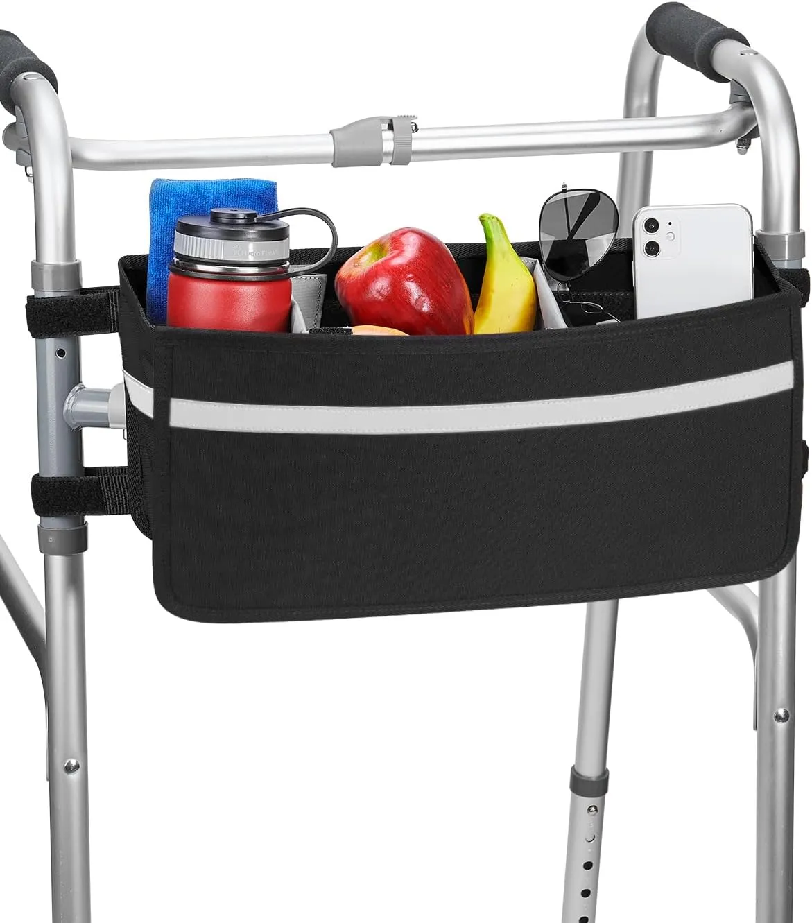 JOYTUTUS Walker Basket for Seniors, Basket for Walkers with Cup Holder, with Two Split Board, Foldable Walker Storage Bag, Best Gift for Family and Friends, Black (Not Fit Rollator Walkers)