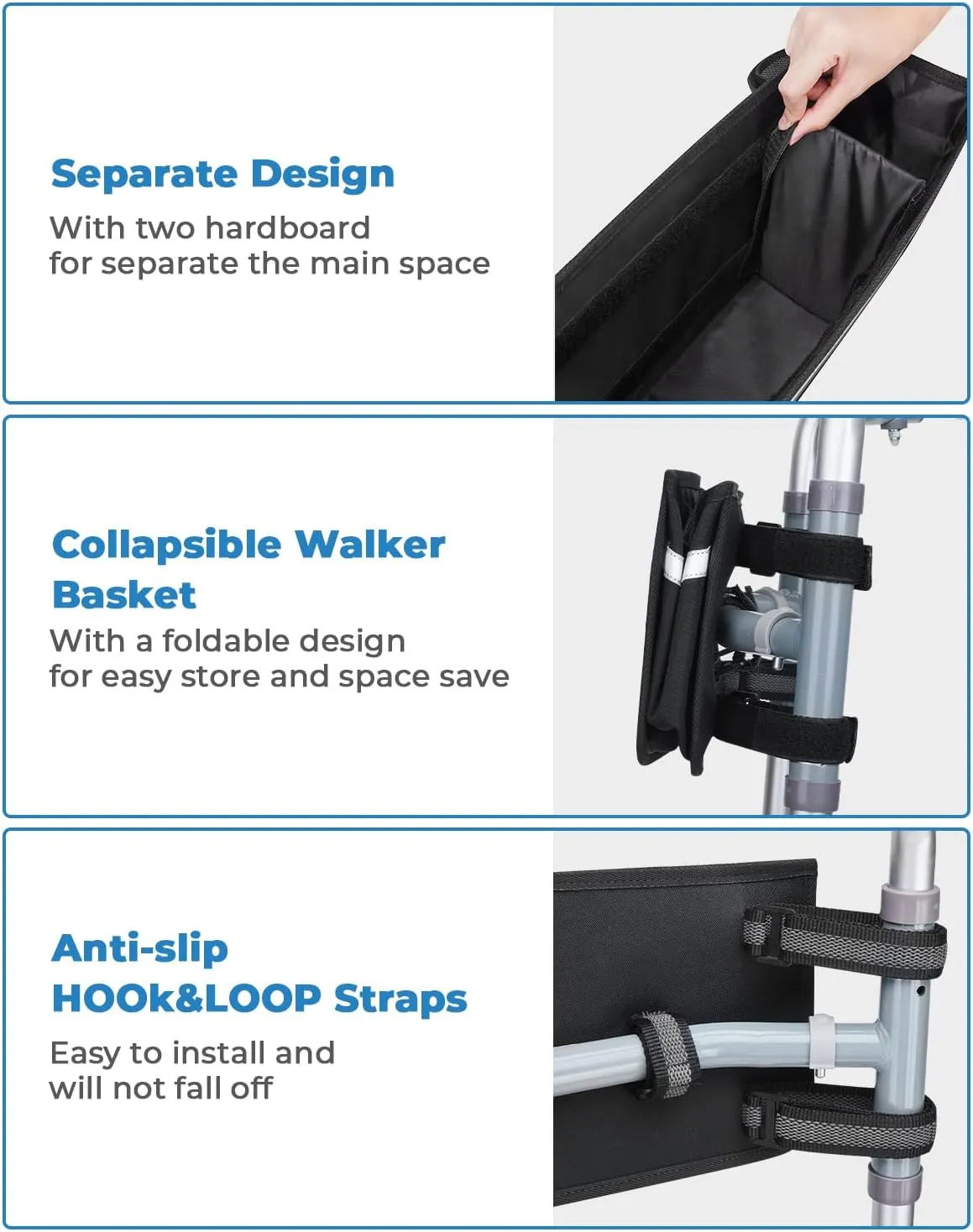 JOYTUTUS Walker Basket for Seniors, Basket for Walkers with Cup Holder, with Two Split Board, Foldable Walker Storage Bag, Best Gift for Family and Friends, Black (Not Fit Rollator Walkers)