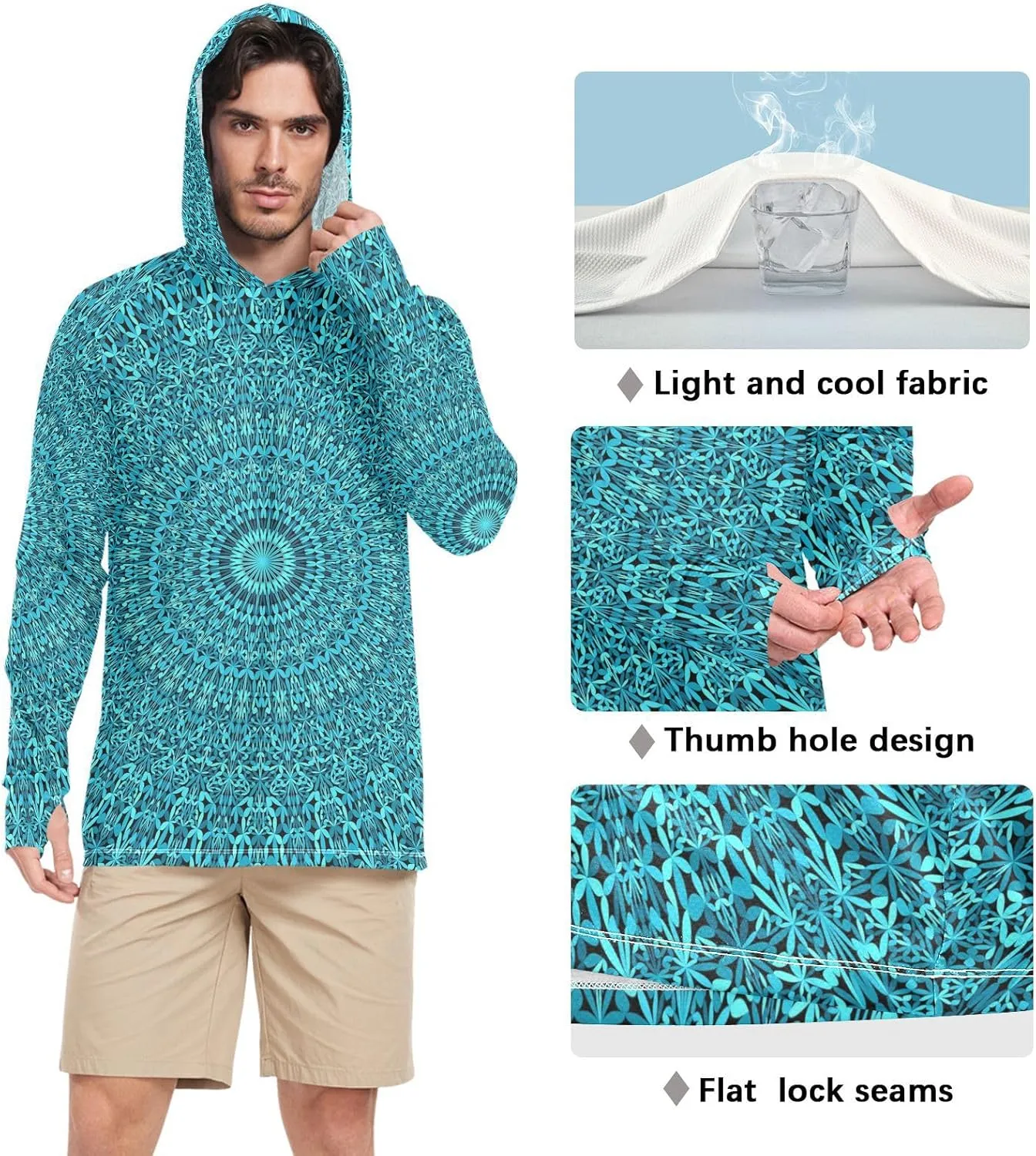 JUNZAN Mens Sun Hoodie Shirts UV Protection Long Sleeve Sun Shirt With Hood UPF 50  Men UV Rash Guards Active Wear Teal