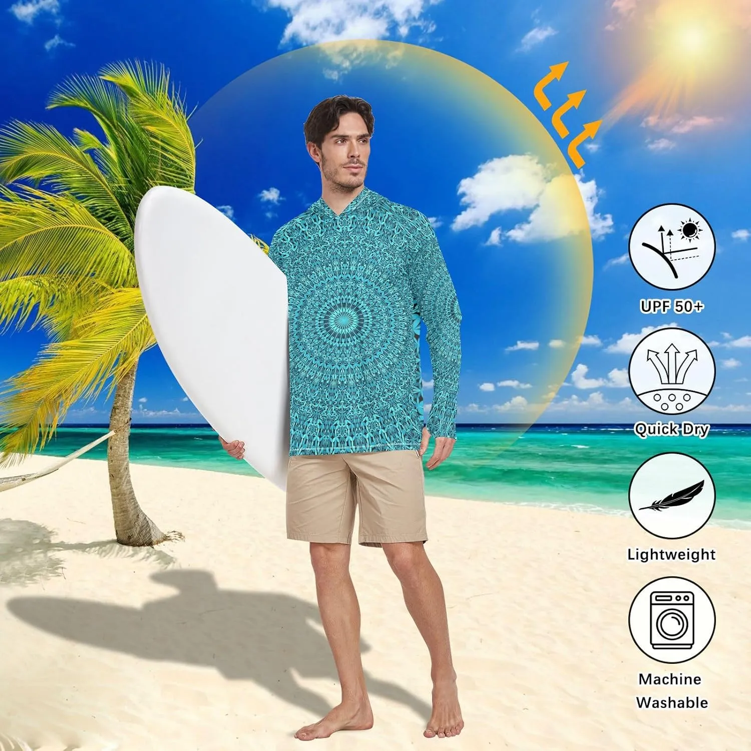 JUNZAN Mens Sun Hoodie Shirts UV Protection Long Sleeve Sun Shirt With Hood UPF 50  Men UV Rash Guards Active Wear Teal