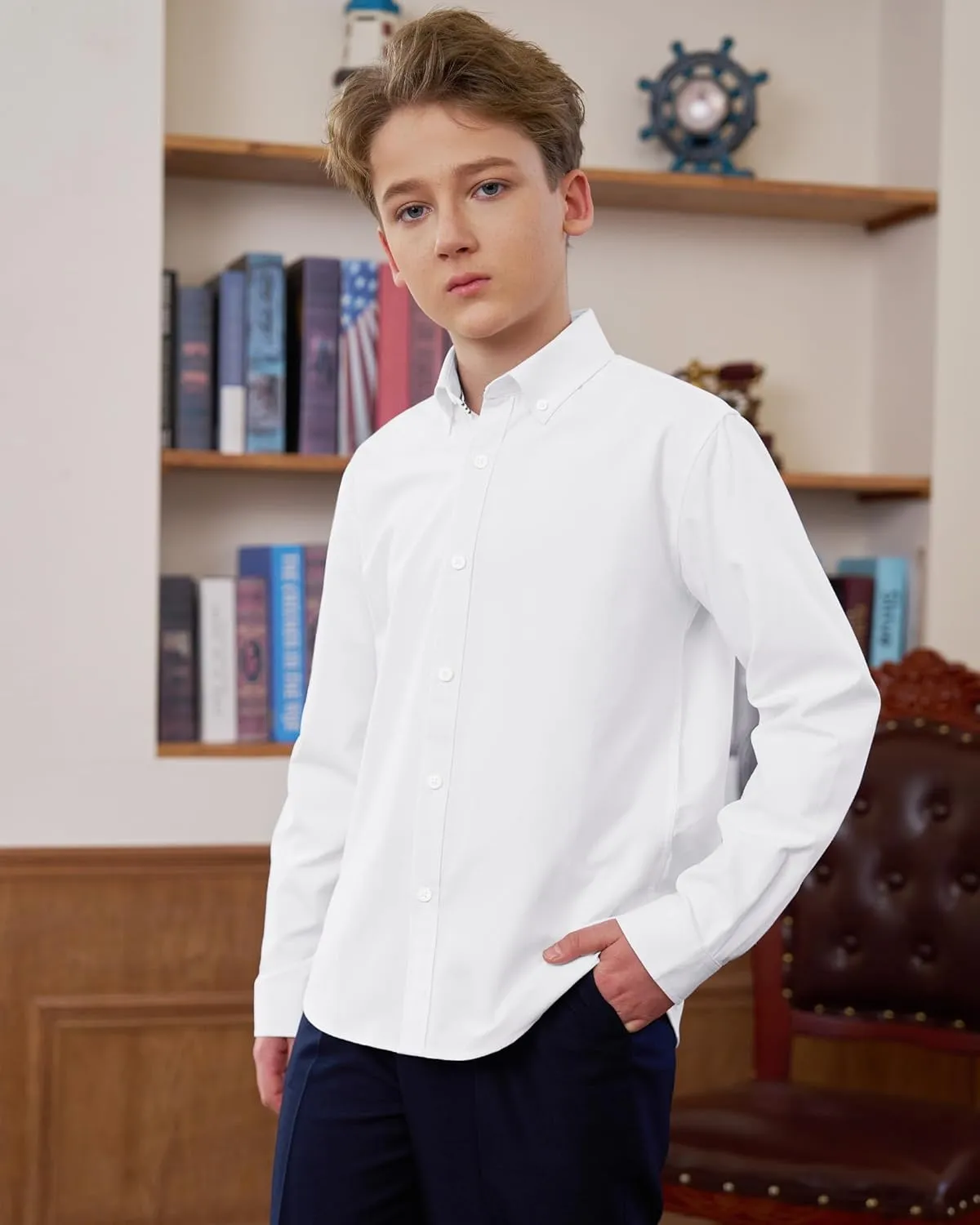 J.VER Boy's Long Sleeve Oxford Dress Shirts Solid Casual Button Down Collar Shirt Kids Formal Uniform Tops