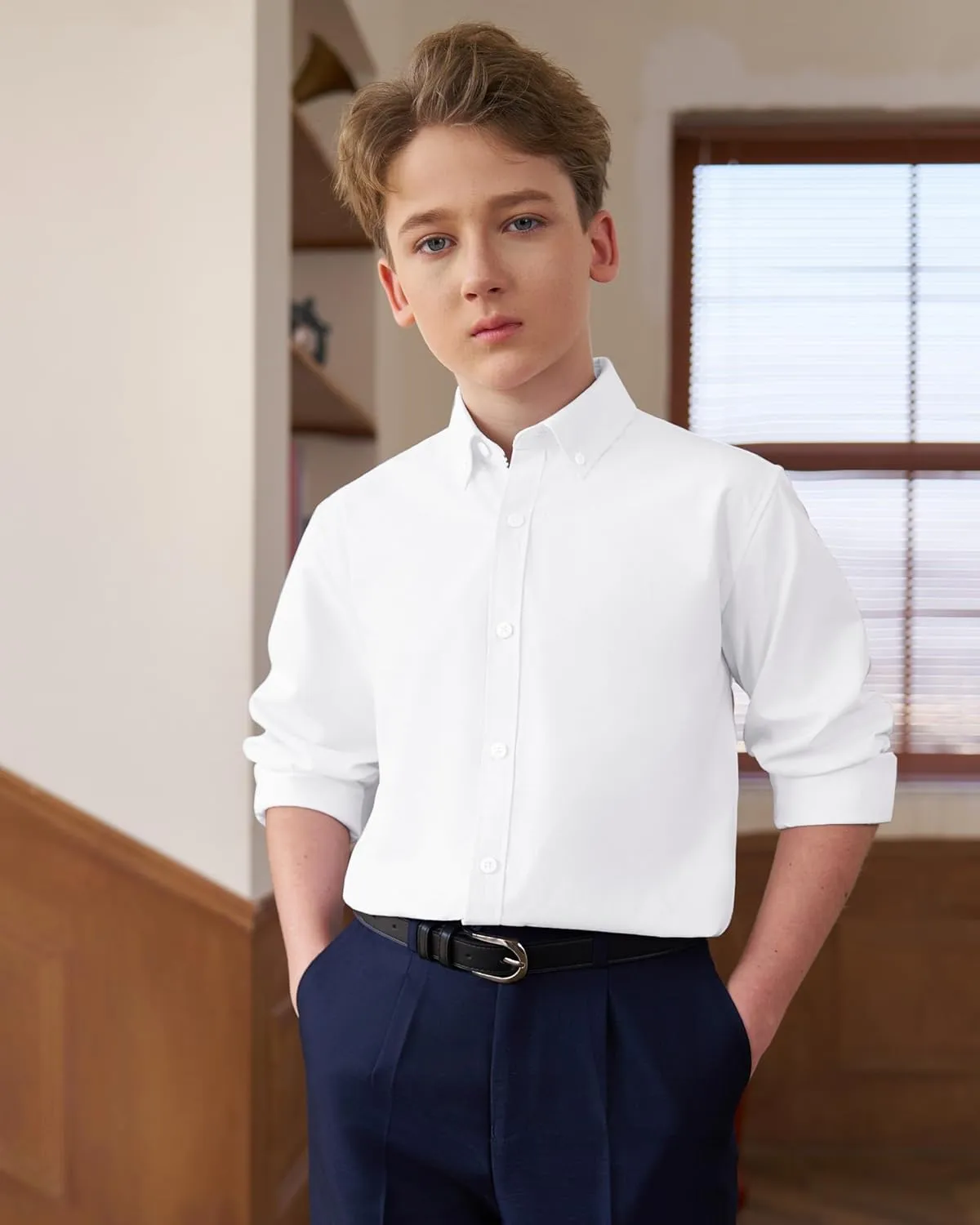 J.VER Boy's Long Sleeve Oxford Dress Shirts Solid Casual Button Down Collar Shirt Kids Formal Uniform Tops