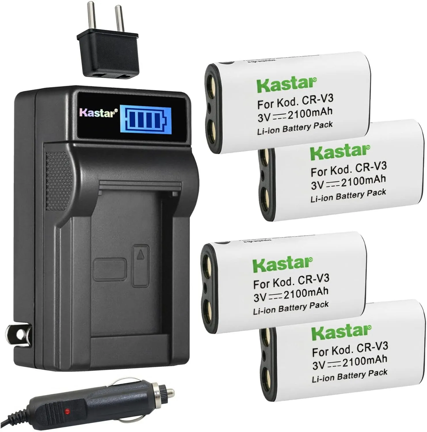 Kastar 4-Pack CR-V3 Battery and LCD AC Charger Compatible with Casio QV-5000SX QV-5700 QV-700 QV-770 QV-8000SX, Kyocera Yashica L30, Yashica L3v, Yashica L4v, Nikon CoolPix 2100, CoolPix 2200 Camera