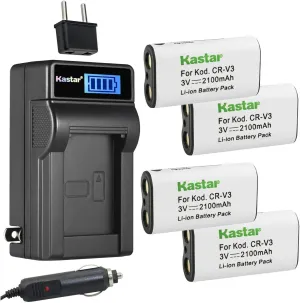 Kastar 4-Pack CR-V3 Battery and LCD AC Charger Compatible with Casio QV-5000SX QV-5700 QV-700 QV-770 QV-8000SX, Kyocera Yashica L30, Yashica L3v, Yashica L4v, Nikon CoolPix 2100, CoolPix 2200 Camera