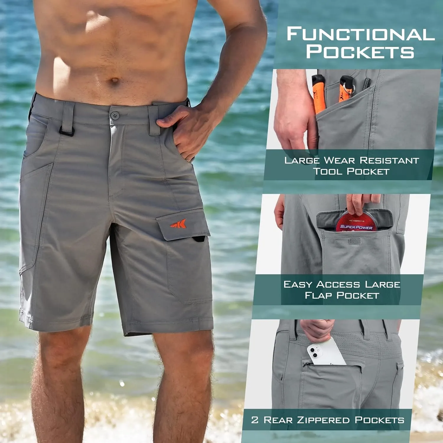 KastKing Rekon Men's Fishing Cargo Shorts, Quick Dry Casual Hiking Shorts for Men, Travel Golf Camping Tactical