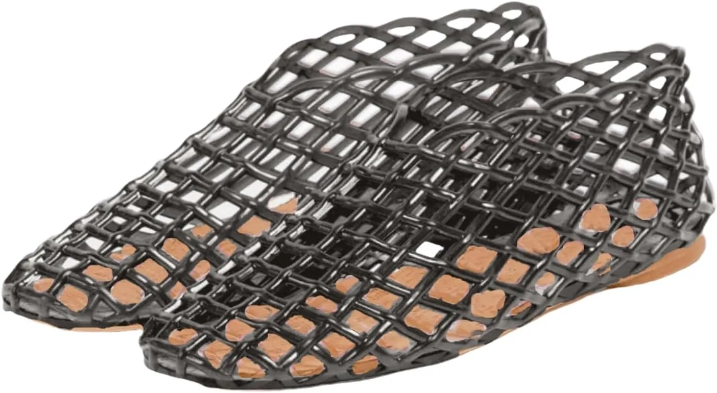 keleimusi Women's Woven Jelly Flats Slip-On Square Toe Mesh Ballet Flats Sole Lightweight Breathable Summer Slides Clear Hollow Jelly Sandals Beach Ballerina Shoes