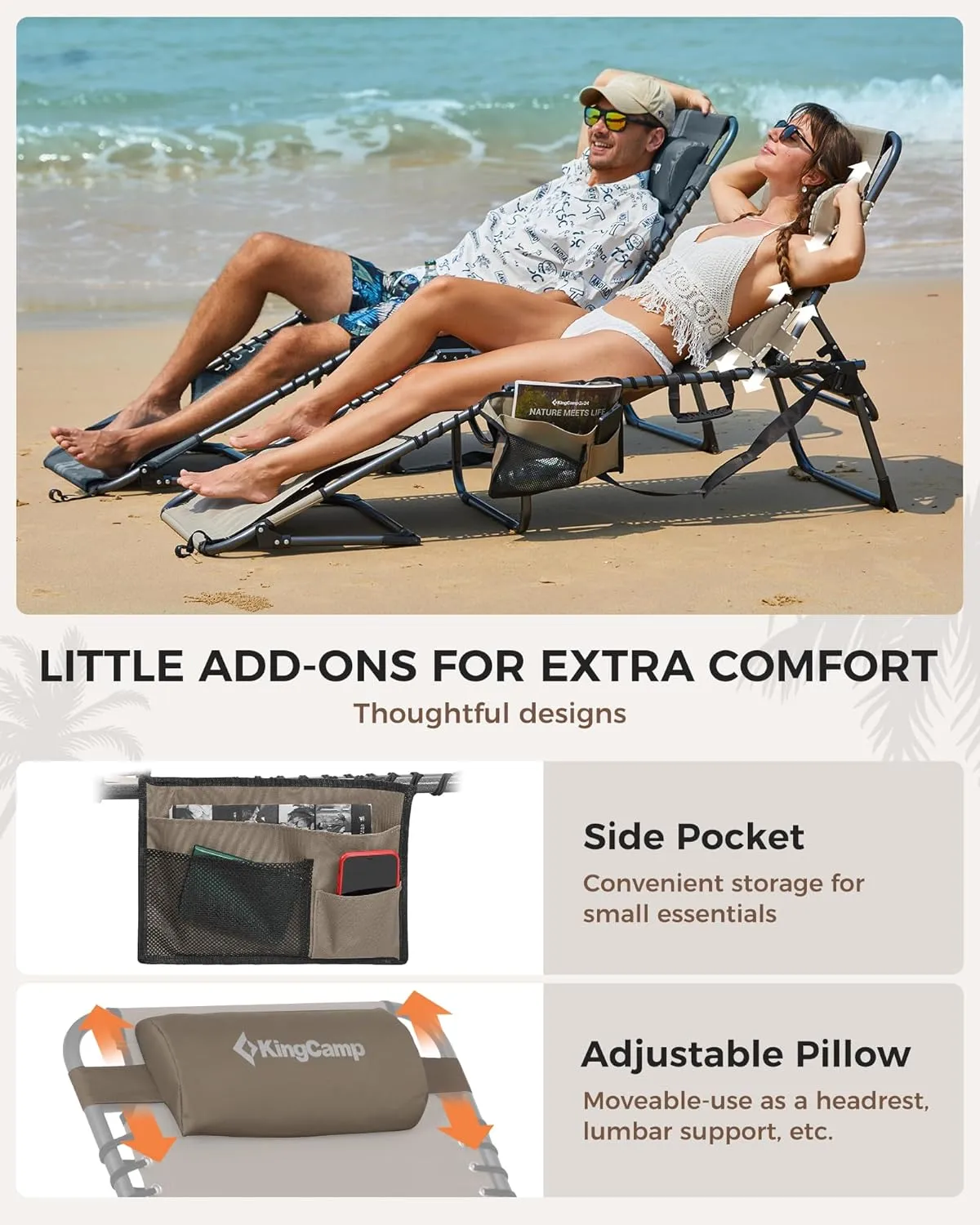 KingCamp 2 Pack Lounge Chair Outdoor, Folding Portable Tanning Chairs Comfy Adjustable 5-Position Lay Flat Foldable Chaise Chaser with Face Hole for Outside Beach Patio Sun Bathing Pool, Beige