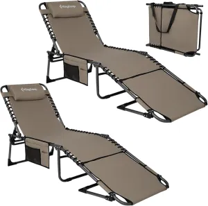 KingCamp 2 Pack Lounge Chair Outdoor, Folding Portable Tanning Chairs Comfy Adjustable 5-Position Lay Flat Foldable Chaise Chaser with Face Hole for Outside Beach Patio Sun Bathing Pool, Beige