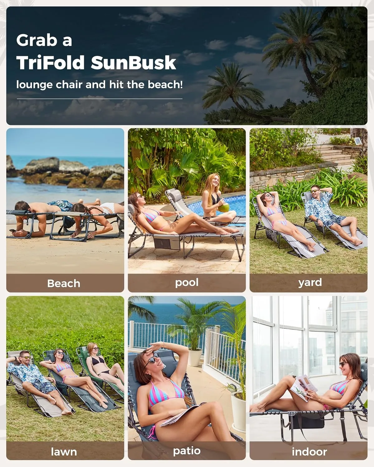 KingCamp 2 Pack Lounge Chair Outdoor, Folding Portable Tanning Chairs Comfy Adjustable 5-Position Lay Flat Foldable Chaise Chaser with Face Hole for Outside Beach Patio Sun Bathing Pool, Beige