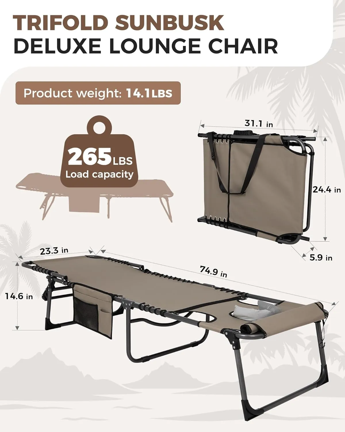 KingCamp 2 Pack Lounge Chair Outdoor, Folding Portable Tanning Chairs Comfy Adjustable 5-Position Lay Flat Foldable Chaise Chaser with Face Hole for Outside Beach Patio Sun Bathing Pool, Beige