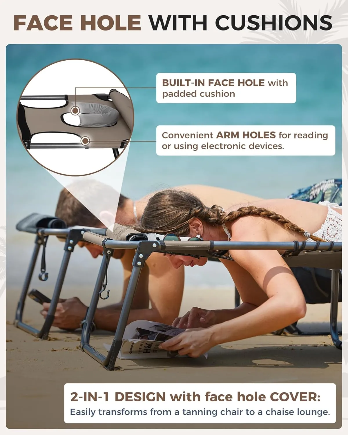 KingCamp 2 Pack Lounge Chair Outdoor, Folding Portable Tanning Chairs Comfy Adjustable 5-Position Lay Flat Foldable Chaise Chaser with Face Hole for Outside Beach Patio Sun Bathing Pool, Beige