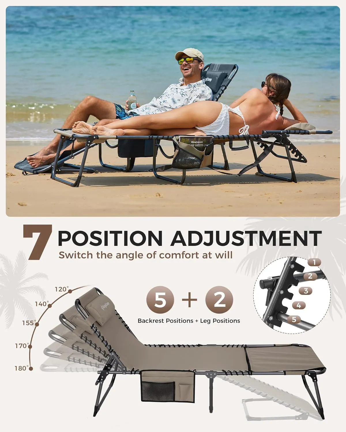 KingCamp 2 Pack Lounge Chair Outdoor, Folding Portable Tanning Chairs Comfy Adjustable 5-Position Lay Flat Foldable Chaise Chaser with Face Hole for Outside Beach Patio Sun Bathing Pool, Beige