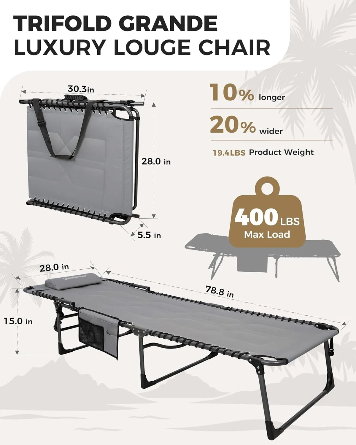 KingCamp Oversized Lounge Chair, Folding Portable Adjustable 5-Position Tanning Chairs 400lbs Heavy Duty Padded Recliner with Side Pocket Pillow for Outdoor Patio Beach Sun Bathing Pool