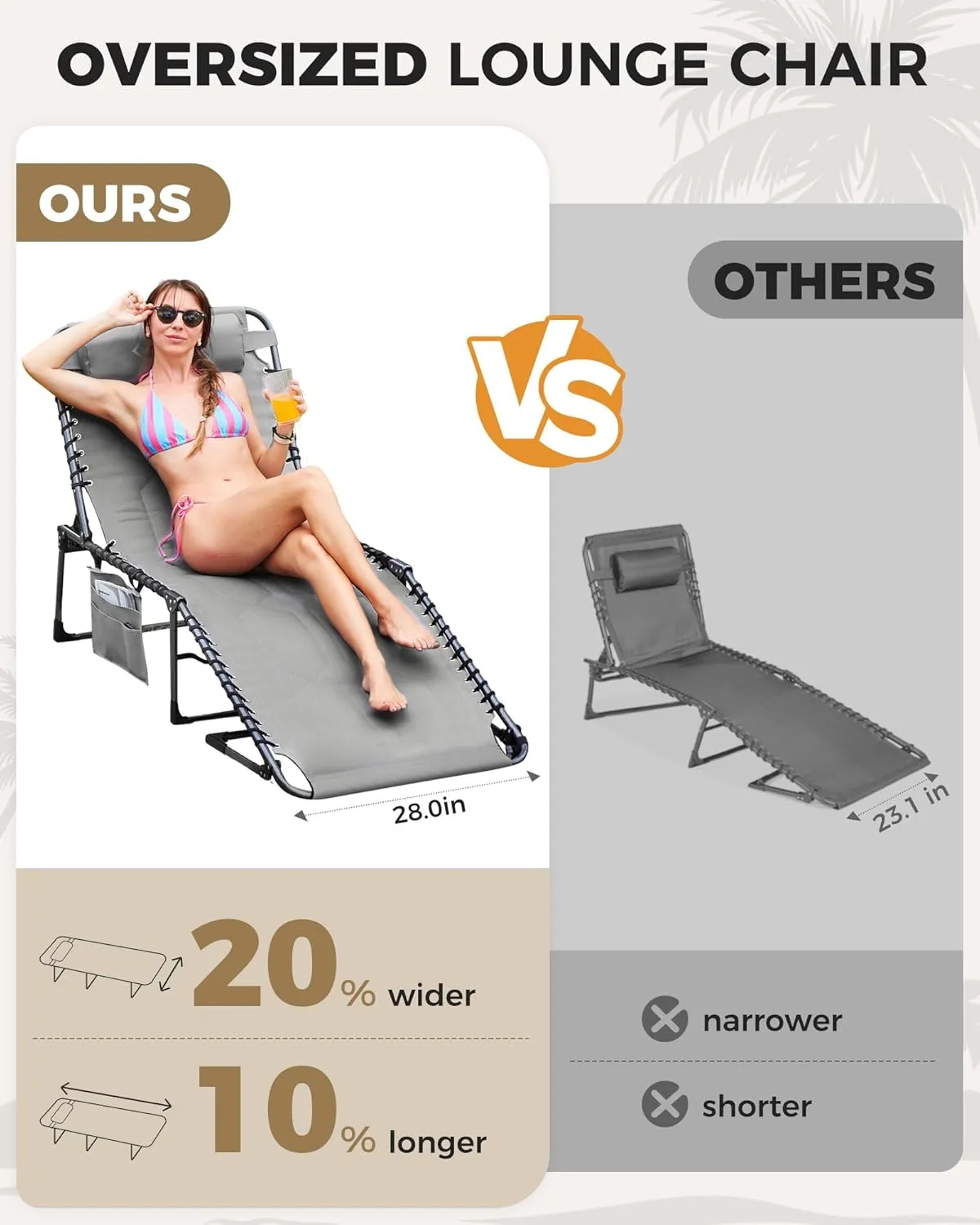 KingCamp Oversized Lounge Chair, Folding Portable Adjustable 5-Position Tanning Chairs 400lbs Heavy Duty Padded Recliner with Side Pocket Pillow for Outdoor Patio Beach Sun Bathing Pool