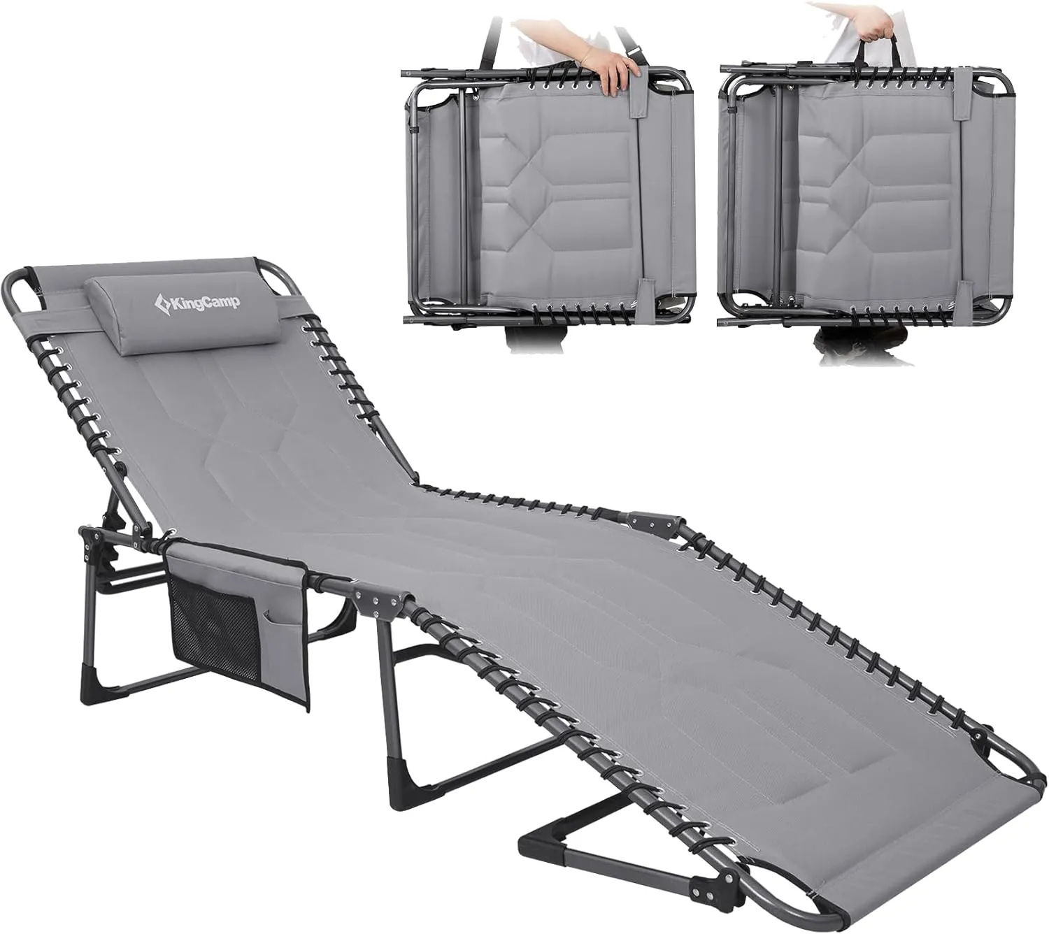 KingCamp Oversized Lounge Chair, Folding Portable Adjustable 5-Position Tanning Chairs 400lbs Heavy Duty Padded Recliner with Side Pocket Pillow for Outdoor Patio Beach Sun Bathing Pool