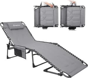 KingCamp Oversized Lounge Chair, Folding Portable Adjustable 5-Position Tanning Chairs 400lbs Heavy Duty Padded Recliner with Side Pocket Pillow for Outdoor Patio Beach Sun Bathing Pool