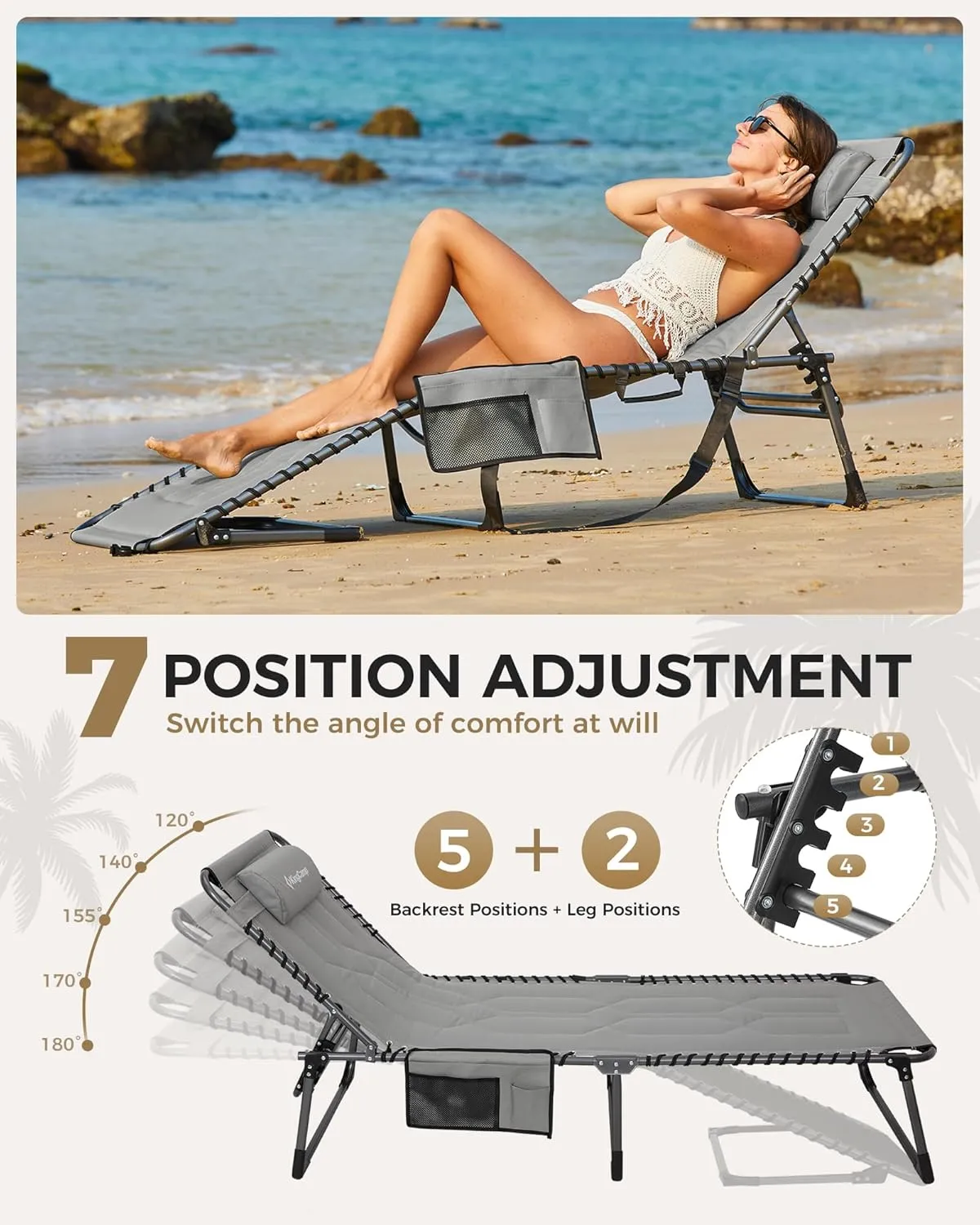 KingCamp Oversized Lounge Chair, Folding Portable Adjustable 5-Position Tanning Chairs 400lbs Heavy Duty Padded Recliner with Side Pocket Pillow for Outdoor Patio Beach Sun Bathing Pool