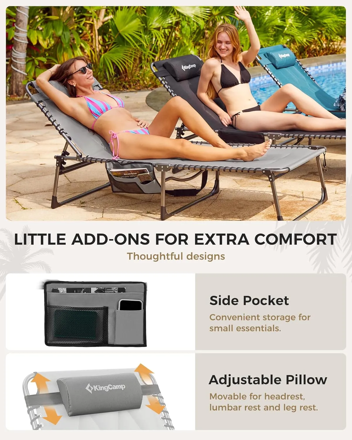 KingCamp Oversized Lounge Chair, Folding Portable Adjustable 5-Position Tanning Chairs 400lbs Heavy Duty Padded Recliner with Side Pocket Pillow for Outdoor Patio Beach Sun Bathing Pool