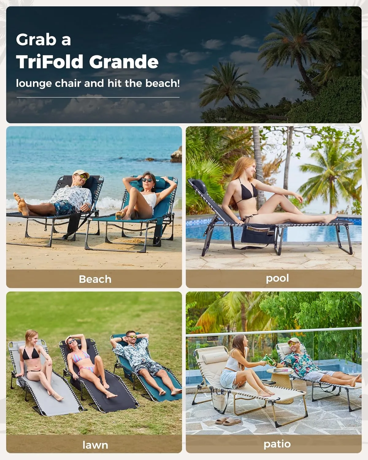 KingCamp Oversized Lounge Chair, Folding Portable Adjustable 5-Position Tanning Chairs 400lbs Heavy Duty Padded Recliner with Side Pocket Pillow for Outdoor Patio Beach Sun Bathing Pool
