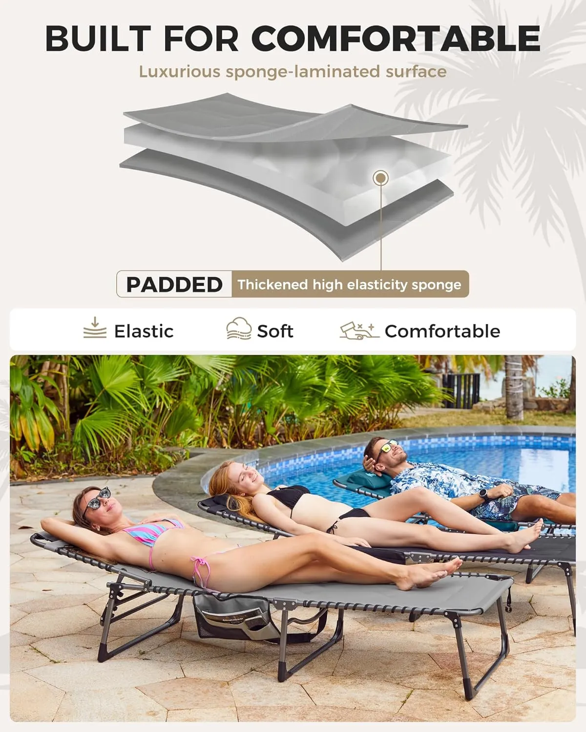 KingCamp Oversized Lounge Chair, Folding Portable Adjustable 5-Position Tanning Chairs 400lbs Heavy Duty Padded Recliner with Side Pocket Pillow for Outdoor Patio Beach Sun Bathing Pool