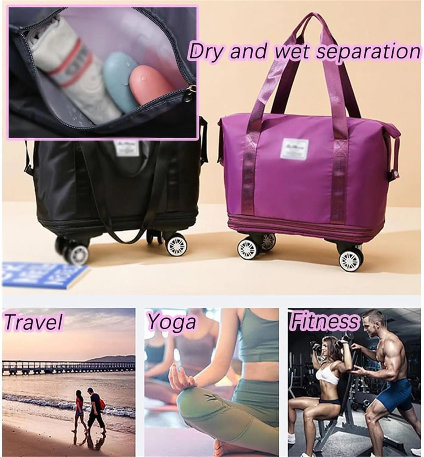 Klarson Expandable Bag with Wheels - New Scratch Expandable Travel Duffle Bag with Wheels, Foldable Suitcase without Handl (A)