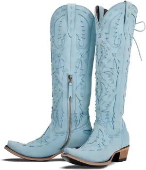 Knee High Cowboy Boots for Women Pointed Toe Side Zipper Cowgirl Boots Women's Back Lace up Chunky Heel Western shoes