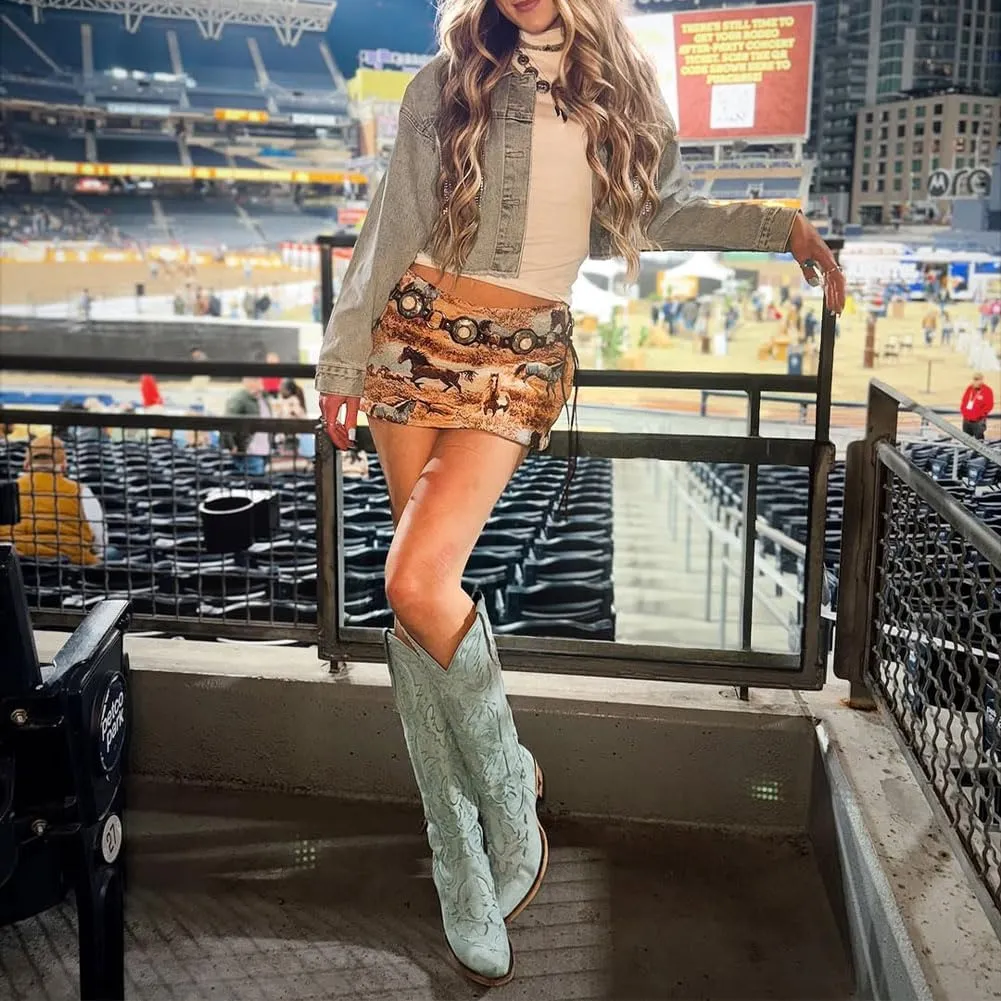 Knee High Cowboy Boots for Women Pointed Toe Side Zipper Cowgirl Boots Women's Back Lace up Chunky Heel Western shoes