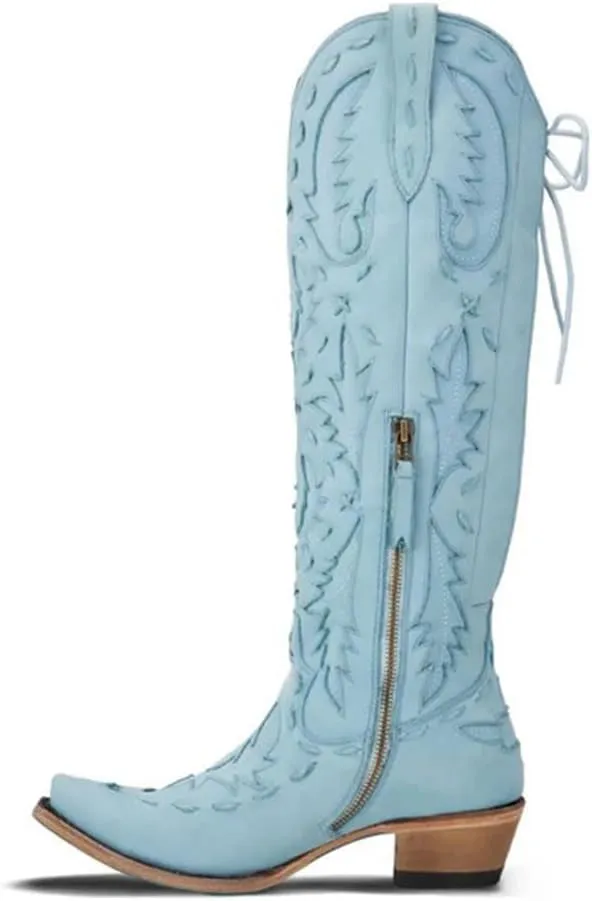 Knee High Cowboy Boots for Women Pointed Toe Side Zipper Cowgirl Boots Women's Back Lace up Chunky Heel Western shoes