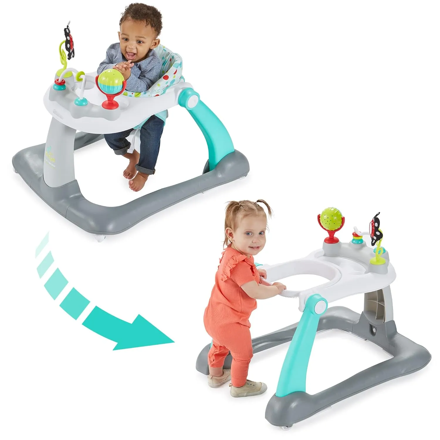 Kolcraft Tiny Steps 2-in-1 Foldable Infant and Baby Push Walker with Wheels, Seated or Walk-Behind Design, Entertaining Developmental Activities for Boys and Girls, Wide and Sturdy Frame - Bubbles