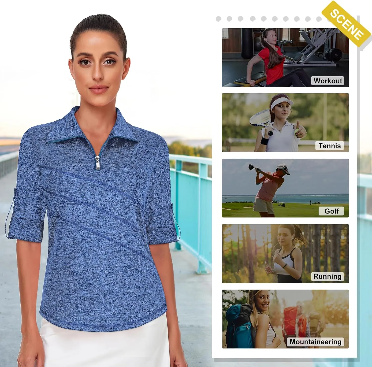 Koscacy Women's 3/4 Roll Sleeve Golf Tennis Polo Shirts UPF50  Half Zip Dry Fit Workout Tops Athletic Shirt