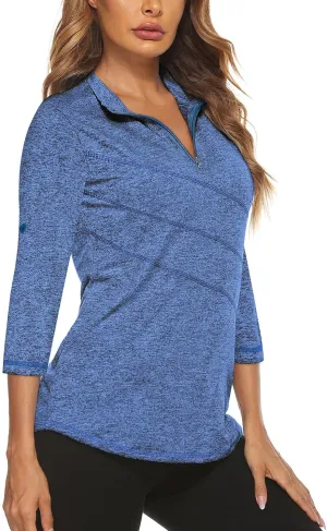 Koscacy Women's 3/4 Roll Sleeve Golf Tennis Polo Shirts UPF50  Half Zip Dry Fit Workout Tops Athletic Shirt
