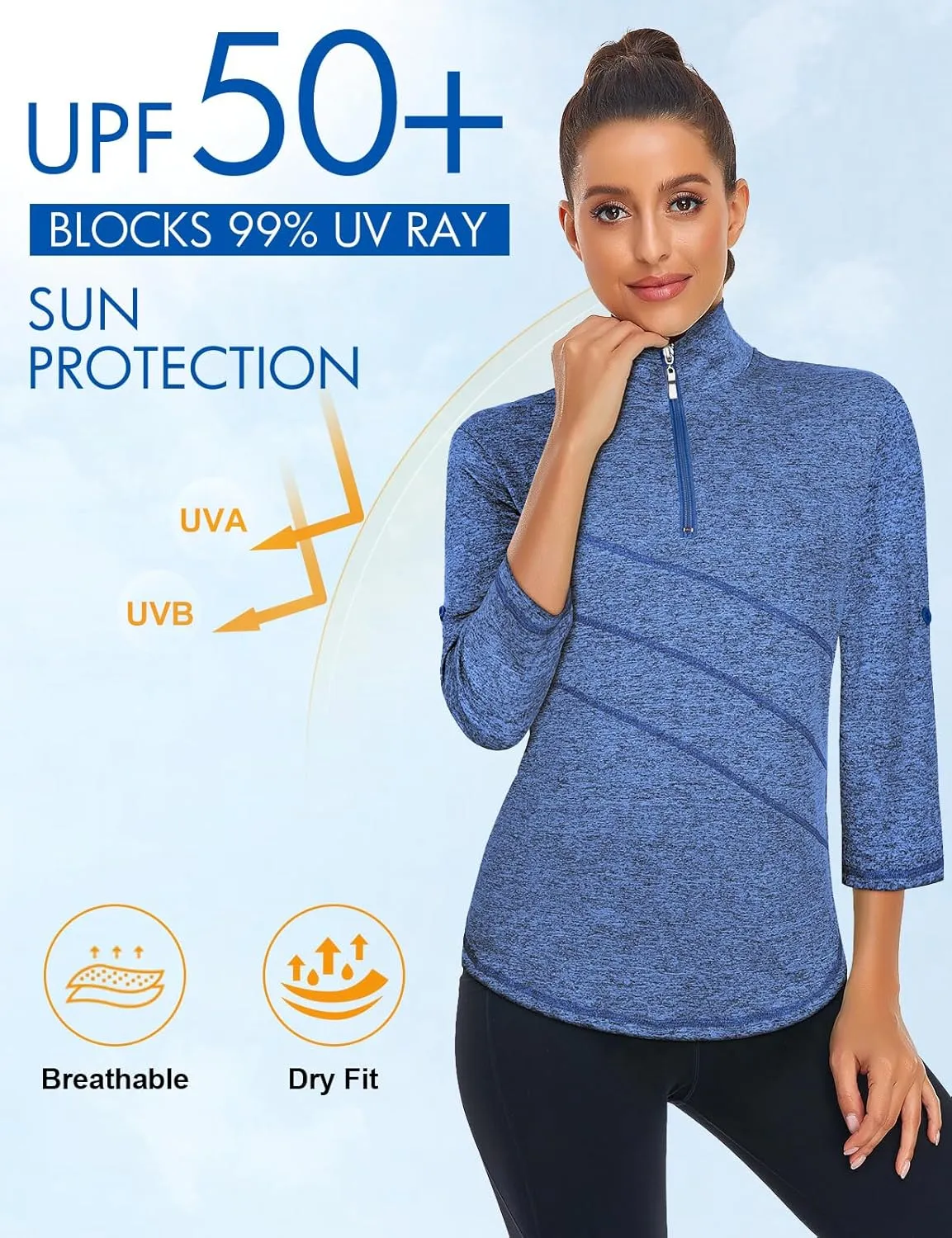 Koscacy Women's 3/4 Roll Sleeve Golf Tennis Polo Shirts UPF50  Half Zip Dry Fit Workout Tops Athletic Shirt