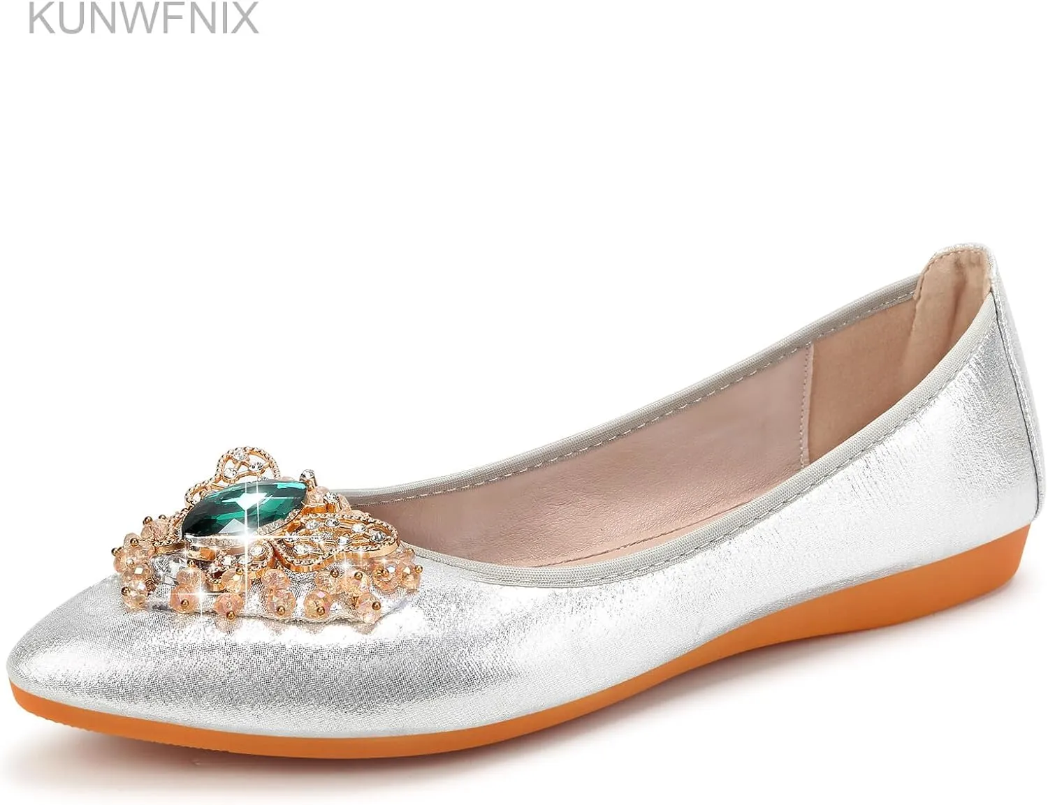 KUNWFNIX Women's Ballet Flats Foldable Classic Crown Rhinestone Slip On Flowers PU Leather Pointed Toe Comfort Flat Casual Dress Shoes