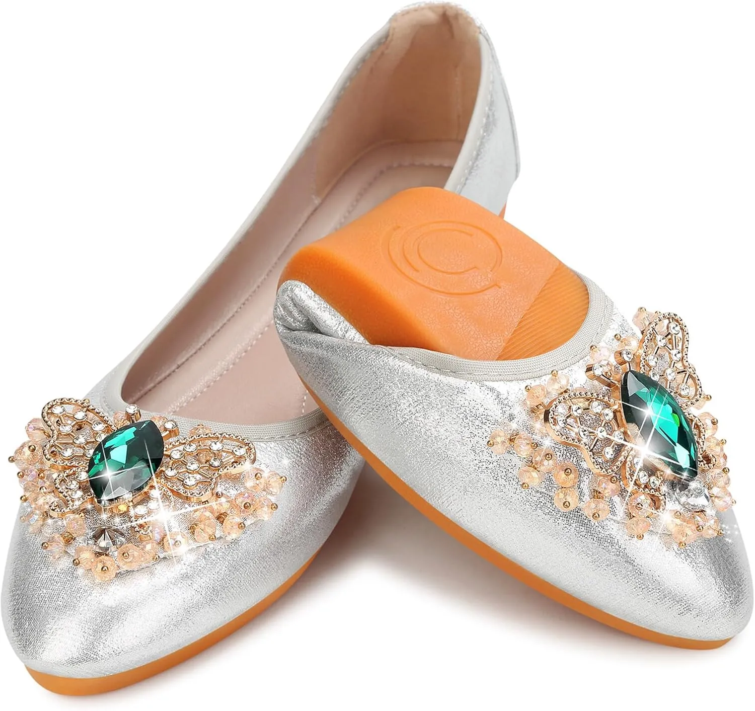 KUNWFNIX Women's Ballet Flats Foldable Classic Crown Rhinestone Slip On Flowers PU Leather Pointed Toe Comfort Flat Casual Dress Shoes