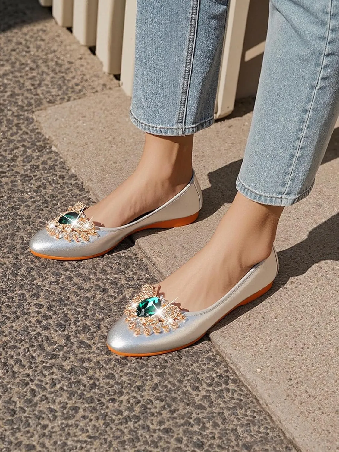 KUNWFNIX Women's Ballet Flats Foldable Classic Crown Rhinestone Slip On Flowers PU Leather Pointed Toe Comfort Flat Casual Dress Shoes