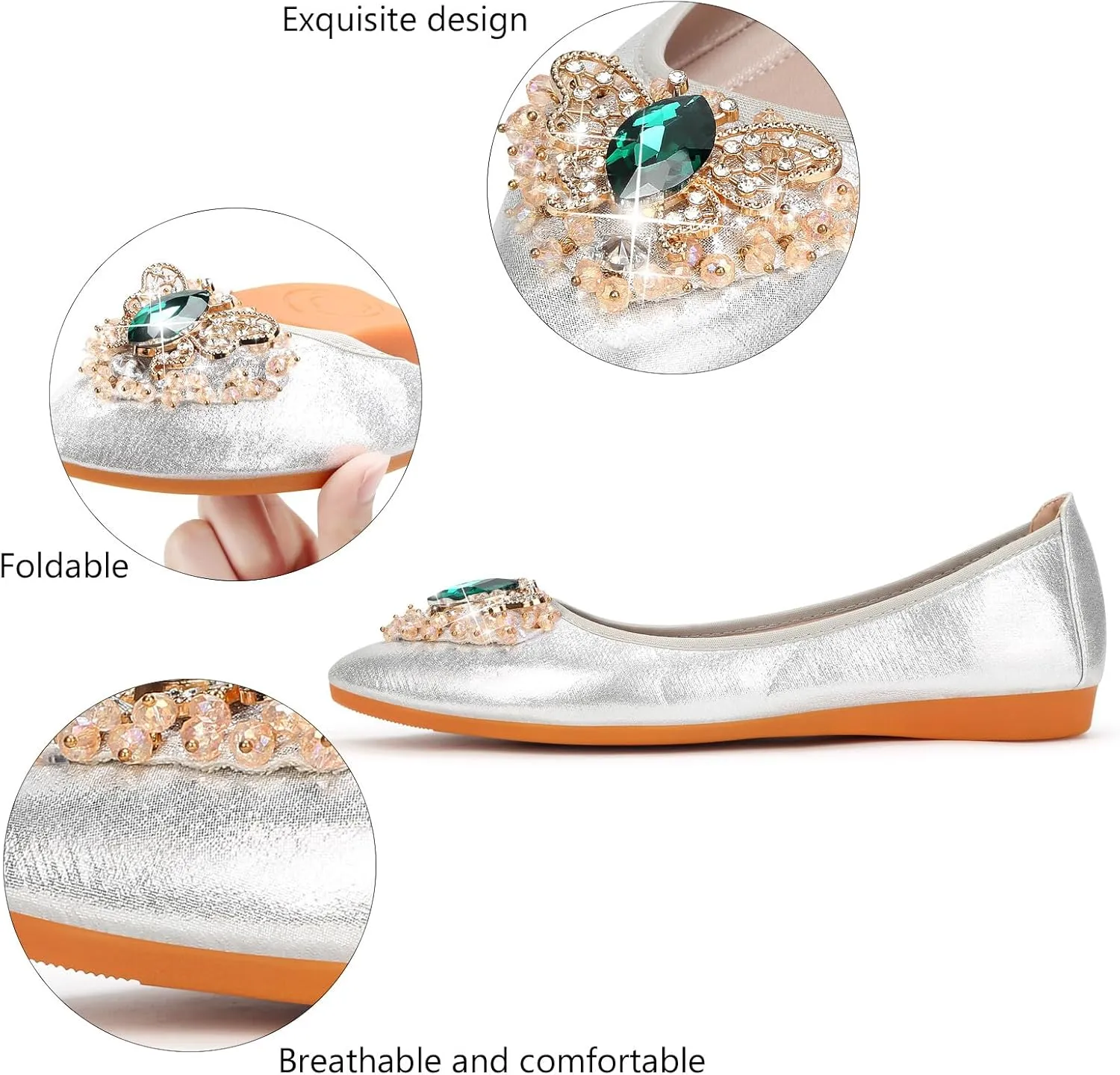 KUNWFNIX Women's Ballet Flats Foldable Classic Crown Rhinestone Slip On Flowers PU Leather Pointed Toe Comfort Flat Casual Dress Shoes