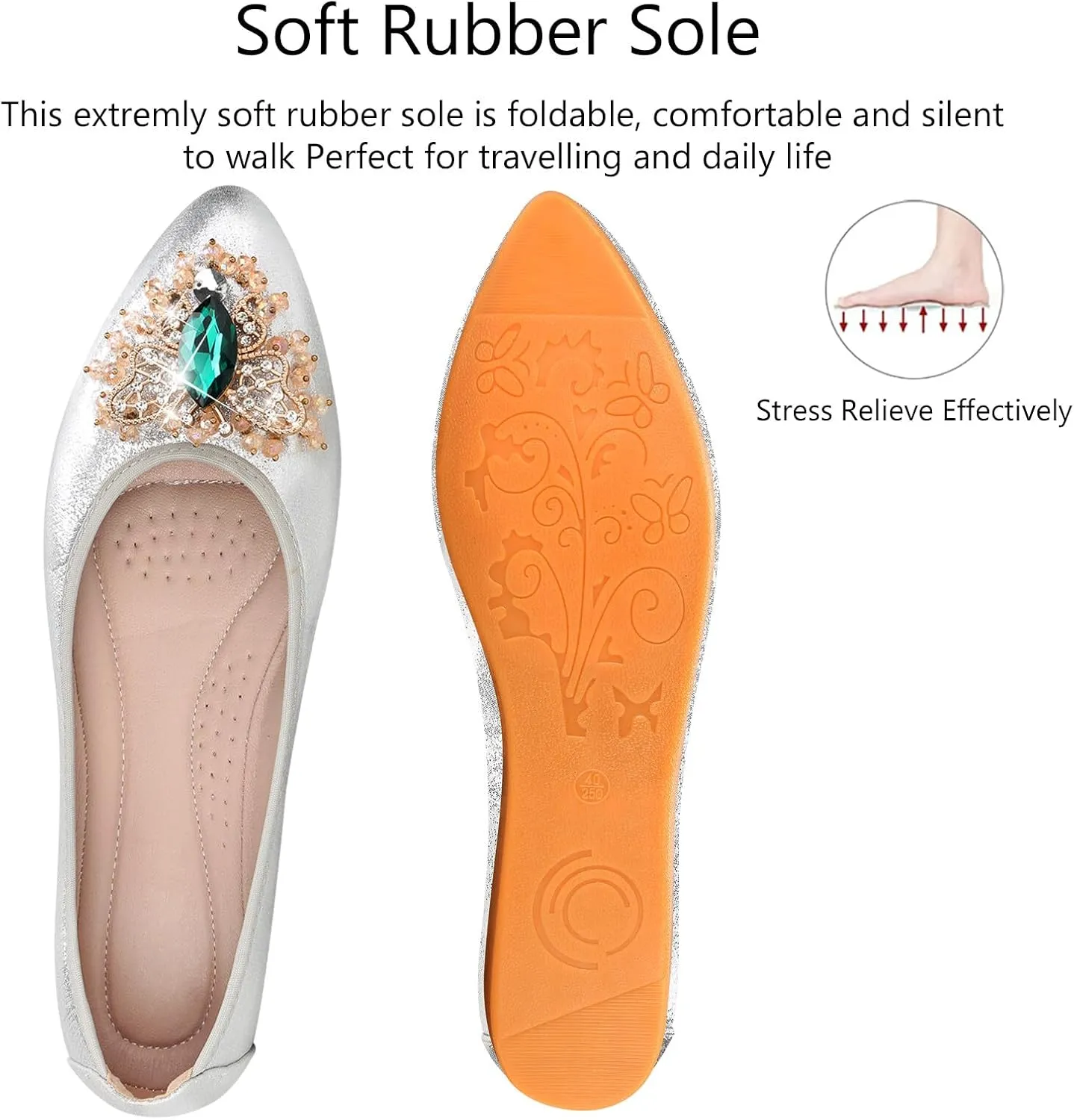 KUNWFNIX Women's Ballet Flats Foldable Classic Crown Rhinestone Slip On Flowers PU Leather Pointed Toe Comfort Flat Casual Dress Shoes