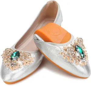 KUNWFNIX Women's Ballet Flats Foldable Classic Crown Rhinestone Slip On Flowers PU Leather Pointed Toe Comfort Flat Casual Dress Shoes