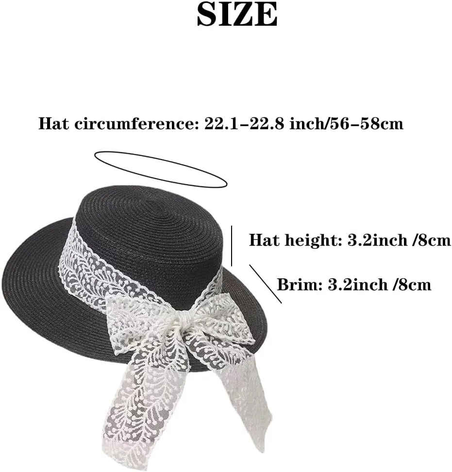 Lace Wide Brim Boater Straw Hat for Women Summer Vintage Flat Top Hat Beach Sun Protection Hat