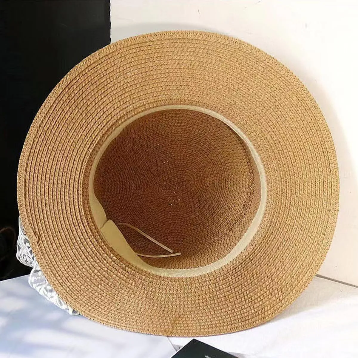 Lace Wide Brim Boater Straw Hat for Women Summer Vintage Flat Top Hat Beach Sun Protection Hat
