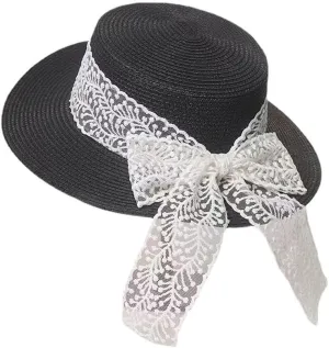 Lace Wide Brim Boater Straw Hat for Women Summer Vintage Flat Top Hat Beach Sun Protection Hat