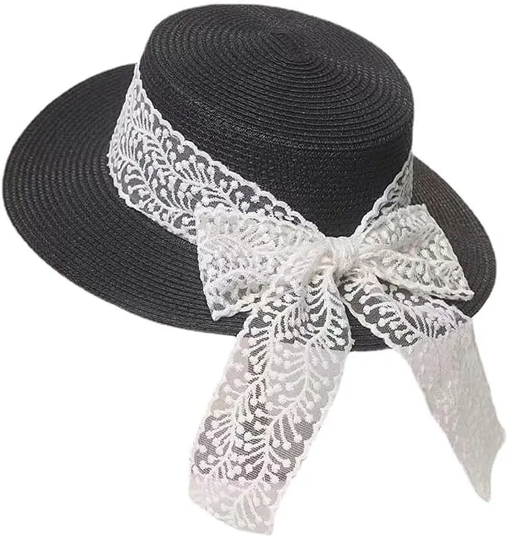 Lace Wide Brim Boater Straw Hat for Women Summer Vintage Flat Top Hat Beach Sun Protection Hat