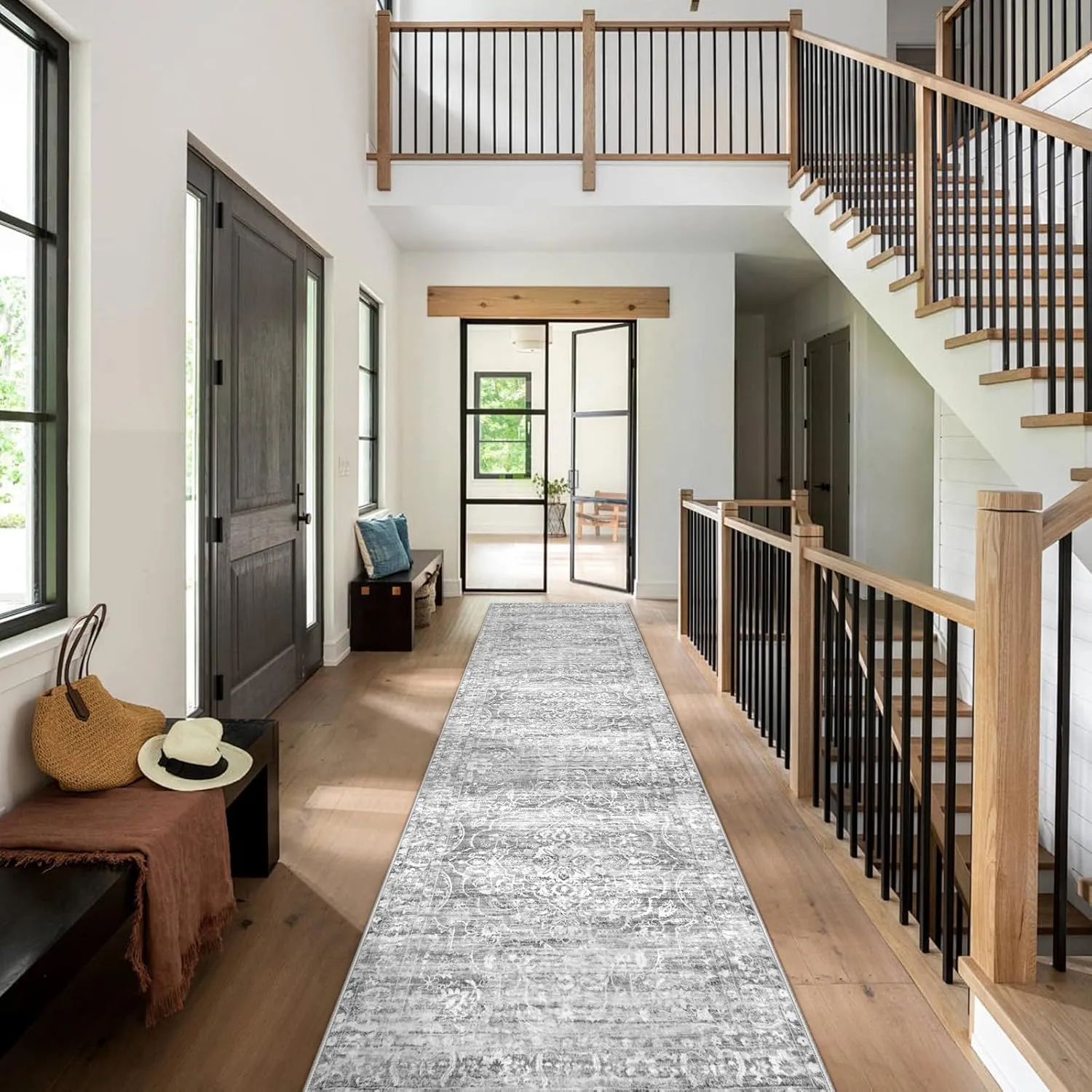 Lahome Hallway Runner 2.5x10, Floral Washable Kitchen Rug,Ultra-Thin Non Slip Grey Runner Rug, Neutral Boho Print Stain Resistant Long Carpet Runner for Entryway Stair (Grey, 2'5''x10')